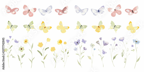 Bilde på lerret Watercolor Butterfly And Wildflower Arrangement On White Background butterflies