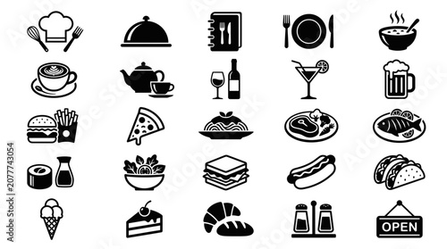 Foto Food and Drink Icons: Restaurant, Cafe, Bar, Cuisine, Meal, Beverage Set