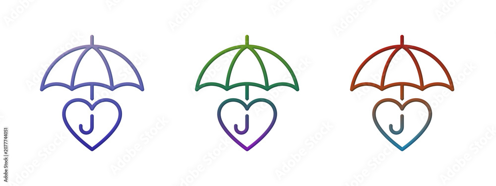 Fototapeta premium Colorful heart umbrella line icons for love and protection