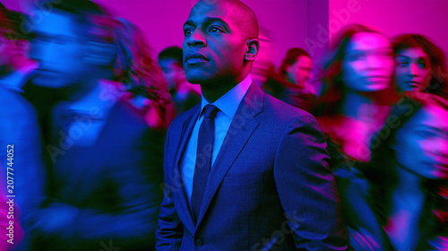 Focused Man in Suit Amidst Blurry Crowd with Vivid Neon Light Effect