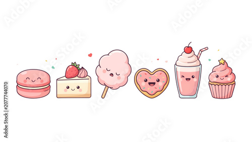 Принти на полотні Cute cartoon pastel desserts line with happy faces Vector