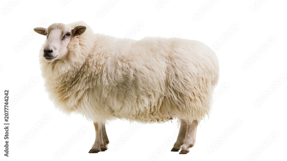 Obraz premium Fluffy white sheep standing profile view
