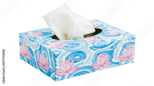 Obraz na płótnie Tissue box with pink lotus flowers and blue swirls pattern