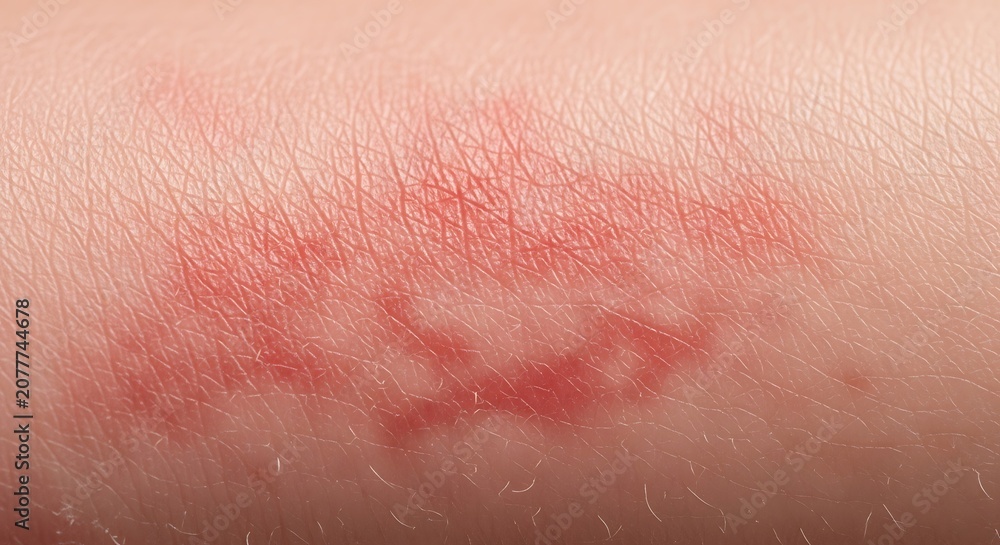 Fototapeta premium Close-up of a red, inflamed skin rash on a persons arm, indicating an allergic reaction or irritation.