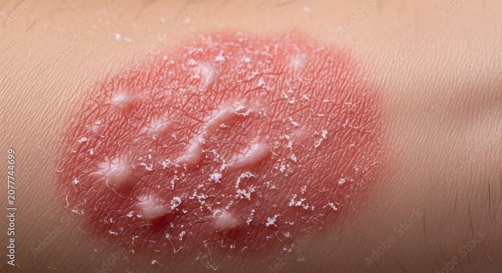 Fototapeta premium Close-up of a Psoriasis Skin Lesion with Redness and White Scales.