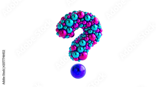 Konstfotografi Question mark symbol made of shiny metallic spheres, blue and pink