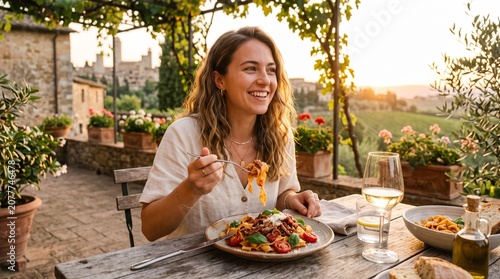 Happy woman enjoying outdoor meal with fresh food spread.