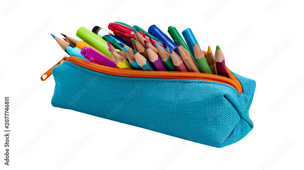 Fototapeta premium Turquoise pencil case stuffed with colorful pencils and markers