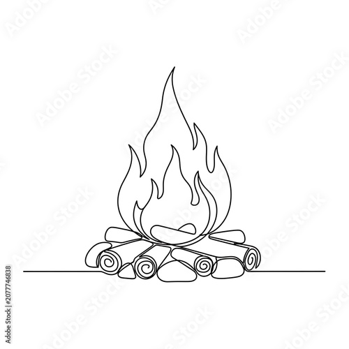 Minimal Black Line Campfire Burning on Logs and Stones on White Background
