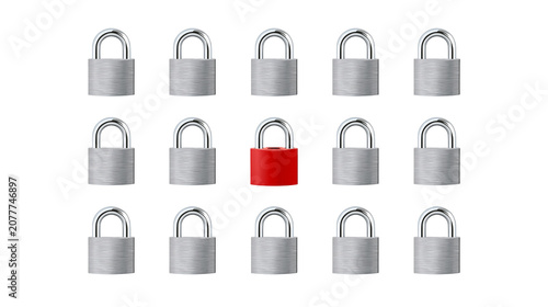 Foto Multiple silver padlocks with one red padlock standing out