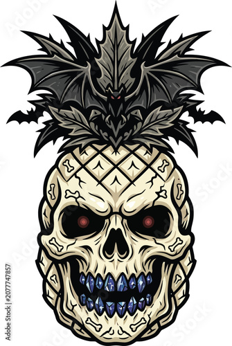 Pineapple skull displays a pair of bat wings in a dark tropical nightmare.