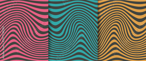 Set of abstract yellow, pink, blue curve wave lines stripes on dark background. Simple flat minimal pattern design with copy space. Use for cover template, poster, web banner, Print ad. Vector EPS10.
