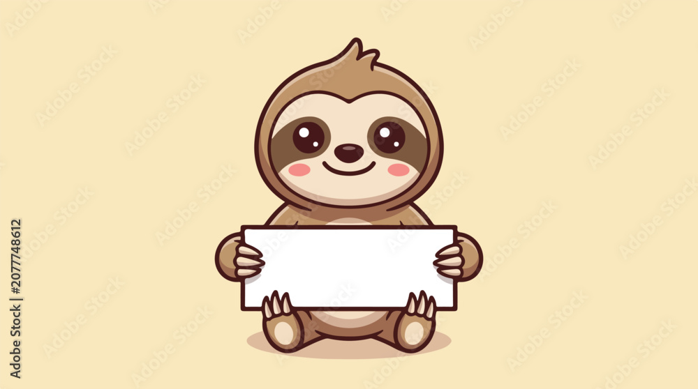 Fototapeta premium Cute cartoon sloth holding a blank sign, perfect for adding custom text or messages.
