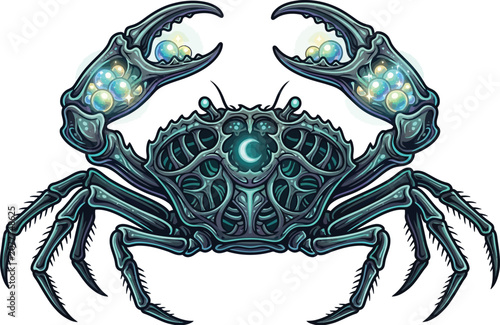 Crab skeleton features a glowing crescent moon symbol on its armored shell.
