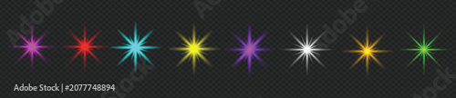 Colorful Glowing Starburst Light Flare Collection with Radiant Sparkle Effects, Shining Lens Glow, Twinkling Glitter Bursts, Isolated on Transparent Background for Creative Design and Holiday Graphics