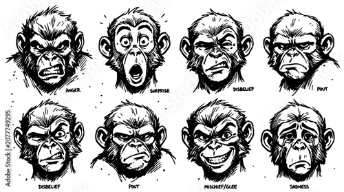 Monkey Face Character Sketches Showing Anger Surprise Disbelief Doubt Sadness and Mischief Emotions in Hand Drawn Style