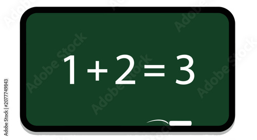 Simple addition problem displayed on a blackboard for educational or mathematical purposes