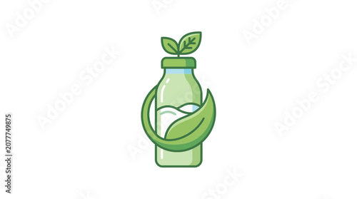 Healthy Green Bottle with Leaves - Organic Drink and Nature Concept