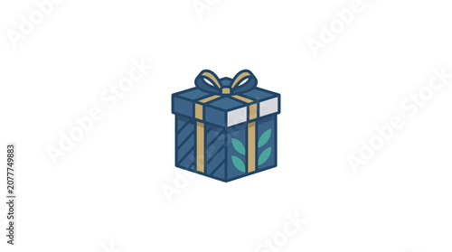 Blue gift box with ribbon and leaf pattern, isolated on white background