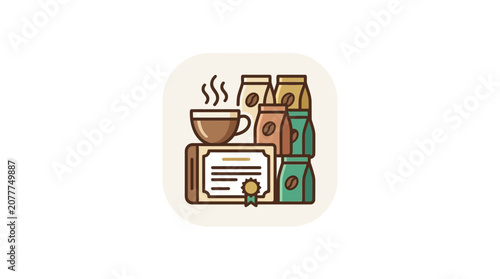 Premium Coffee Selection Certification: Hot Drink, Beans, Diploma Icon