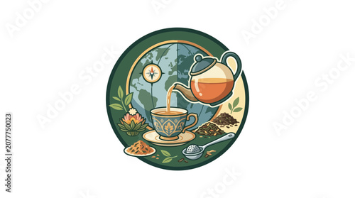 Global Tea Ceremony: Pouring Tea from Teapot into Cup with World Map Background