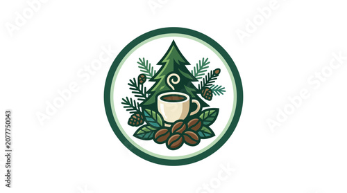 Cozy Winter Coffee Emblem: Hot Drink, Pine Tree, Coffee Beans, Nature Icon