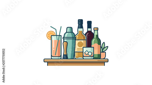 Flat illustration of bar drinks, cocktail shaker, bottles, and glasses on a shelf.