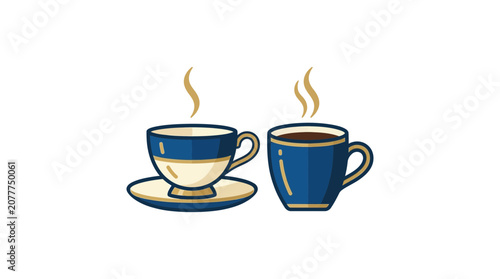 Two steaming cups of coffee, one on a saucer, isolated on white background