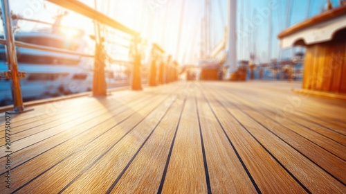 Warm, Sunlit Teak Wood Deck Planks of a Sailing Yacht with Visible Grain