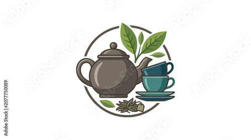 Tea Ceremony Icon: Teapot, Cups, Saucers, and Green Leaves