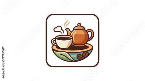 Cozy Coffee Break: Steaming Cup and Teapot in a Decorative Bowl with Beans