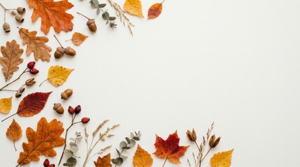 Autumn Leaves and Berries Border Frame on Light Background.