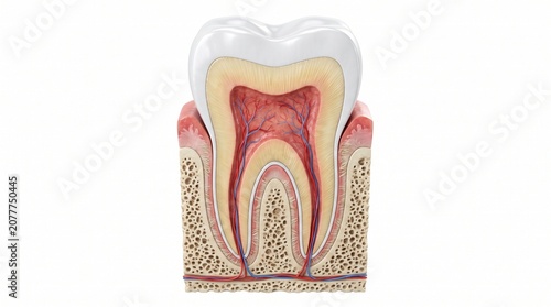 3D medical illustration of a human tooth cross section with internal anatomy
