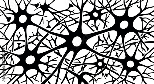 Black silhouette neuron cells with dendrites connecting in network pattern