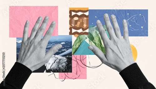 Grayscale hands reaching over colorful artistic mixed media collage.