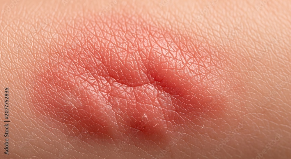 Fototapeta premium Close-up of a red, inflamed skin rash or allergic reaction on human skin.