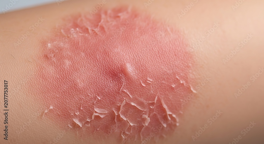 Fototapeta premium Close-up of a red, scaly skin rash with peeling edges on a persons arm.