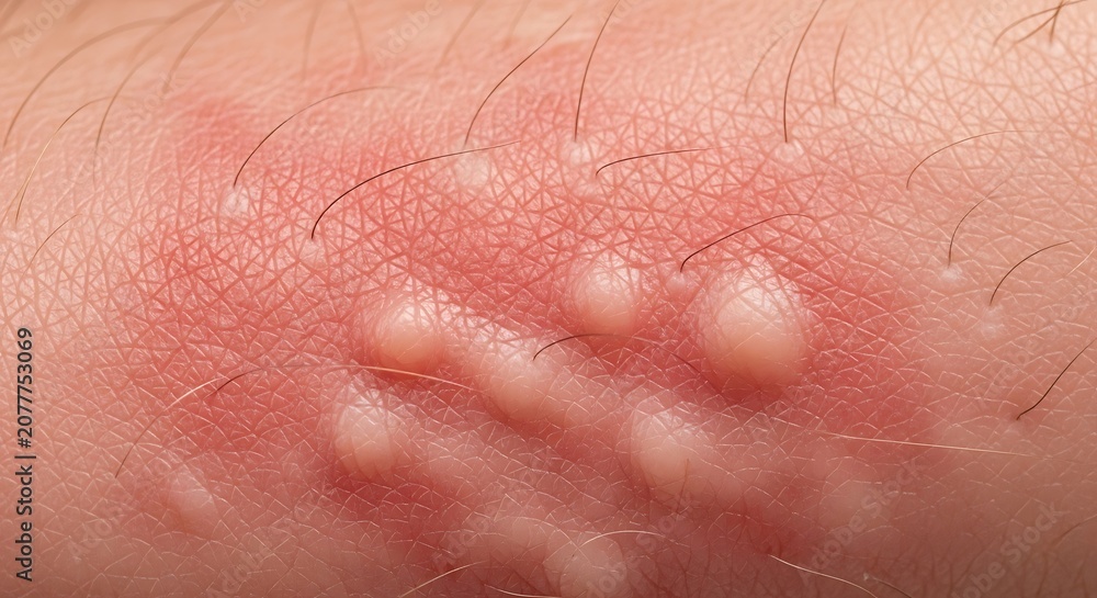 Fototapeta premium Close-up of a severe allergic skin reaction with red rash and raised white welts.