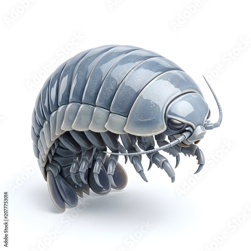 Detailed macro view of a grey pill bug insect on white background