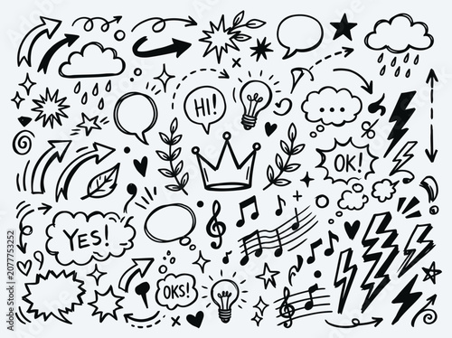 Hand Drawn Doodle Element Set with Arrows Speech Bubbles Stars and Creative Icons