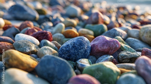 Close-up of smooth, colorful pebbles on a beach. Varying sizes and hues, reflecting soft light. Shallow depth of field