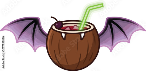 Coconut cocktail with bat wings and sharp vampire fangs invites.