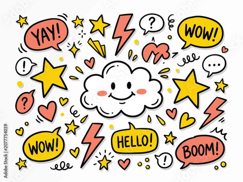 Colorful Hand Drawn Doodle Collection with Speech Bubbles Stars and Lightning Bolts for Creative Design Projects
