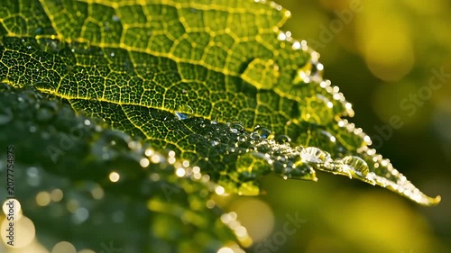 Close-up of green leaf with dew.