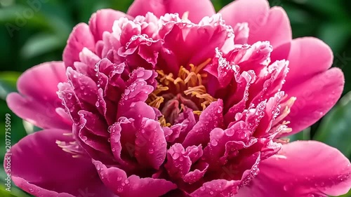 Closeup of pink peony flower blossom.