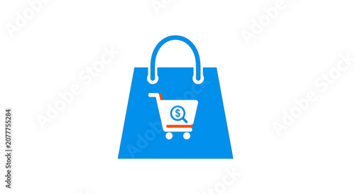 Online shopping logo featuring a shopping bag and a cart with a magnifying glass search icon