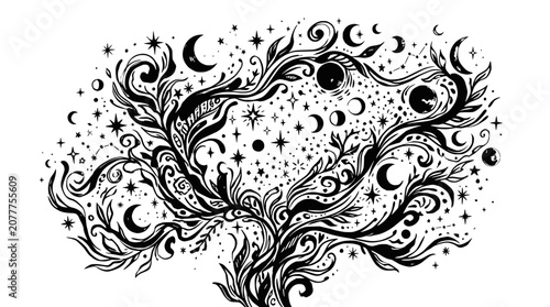 Bild auf Leinwand Mystical Celestial Tree of Life with Moon Phases and Stars