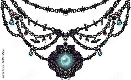 Necklace with bat charms and a glowing crystal pendant creates dark.