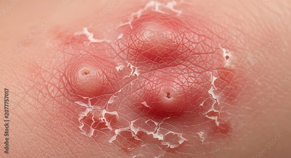 Fototapeta premium Close-up of a skin infection with multiple pustules and inflammation.