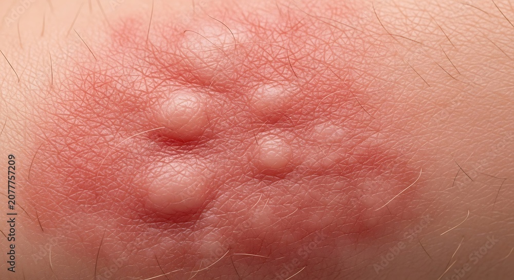 Fototapeta premium Close-up of a skin rash with blisters and redness.